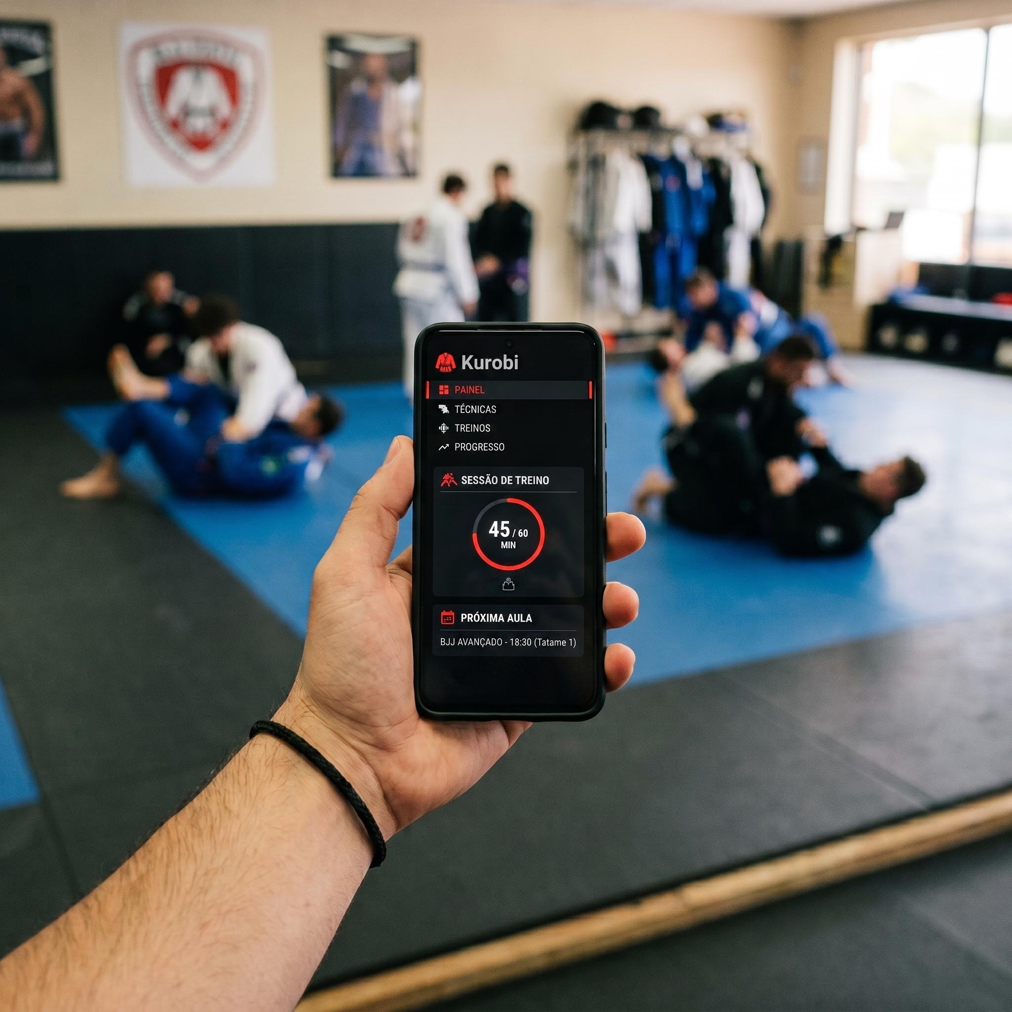 Aluno usando o app do Kurobi na academia