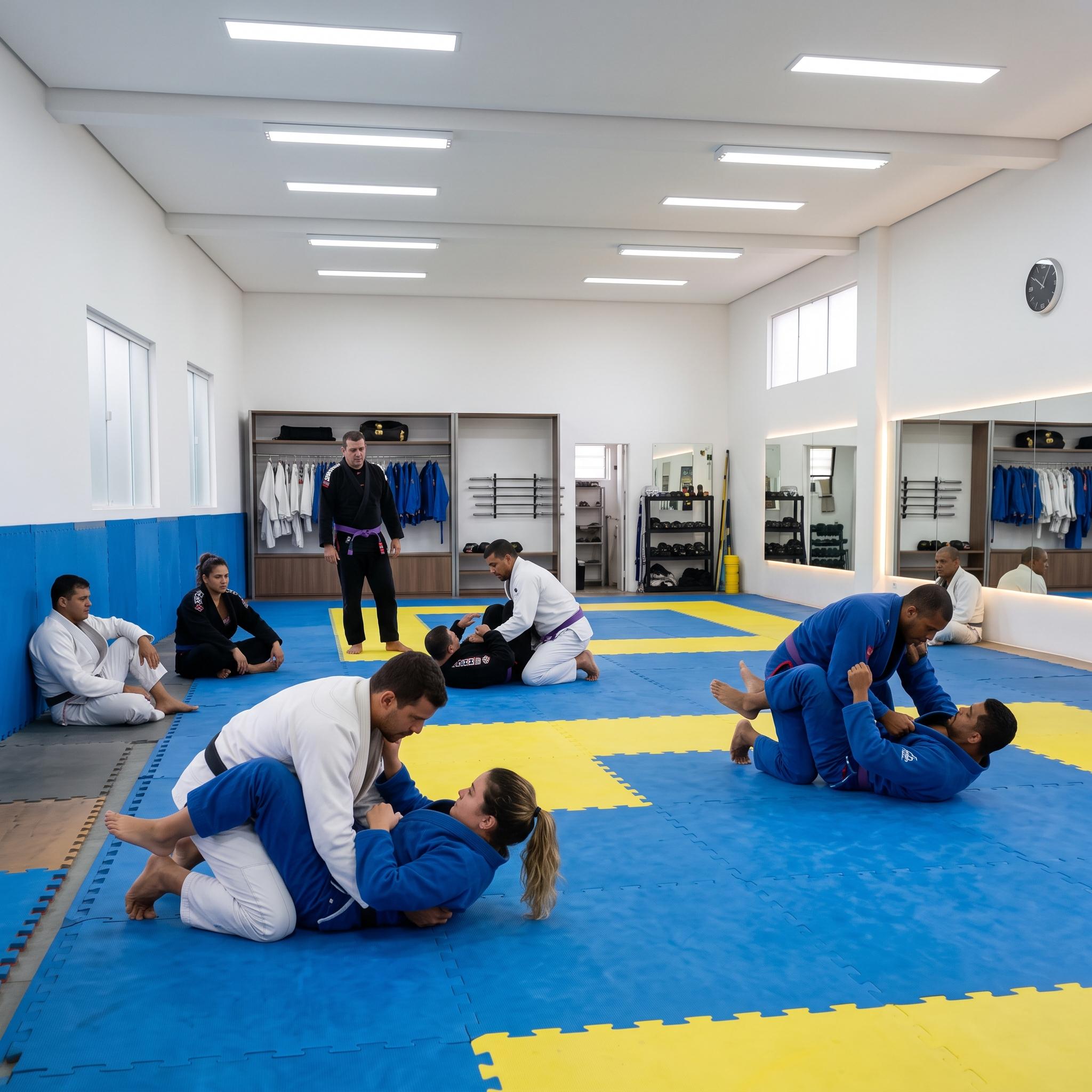 Treino de Jiu Jitsu em academia que usa o Kurobi